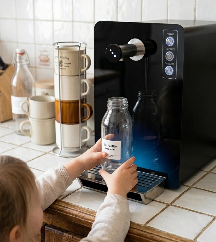 Enfant qui se sert de l'eau fraiche en toute autonomie