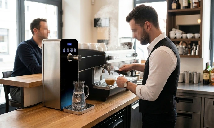Barman qui sert un café à côté d'une fontaine à eau qui remplit automatiquement une carafe d'eau