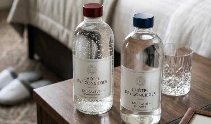 Bouteille d'eau personnalisée à l'image de l'hôtel dans une chambre