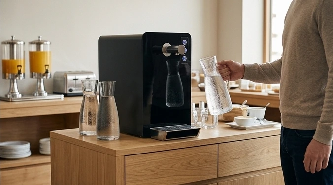 Fontaine à eau en libre service dans une salle de petit dejeuner d'hotel