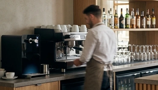 Employé de bar d'un hôtel qui sert un café à côté d'une fontaine à eau volumétrique
