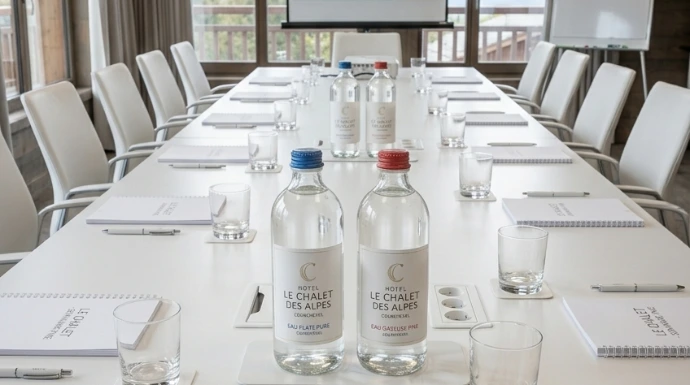 Bouteille d'eau signé à l'image de l'hôtel en salle de séminaire