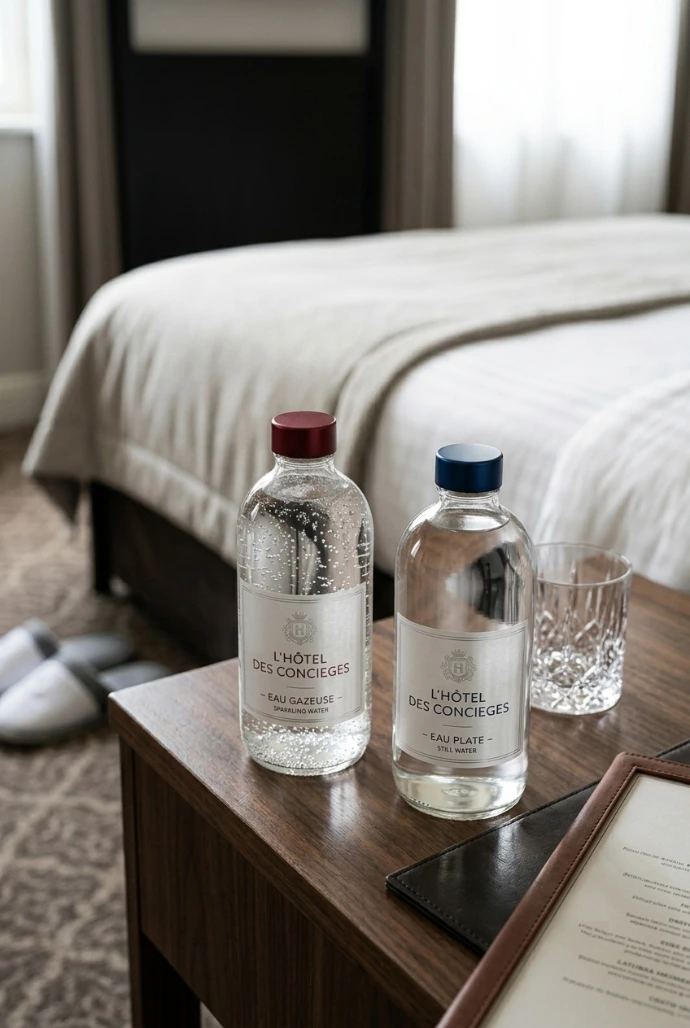 Deux bouteilles d'eau signatures dans une chambre d'hôtel