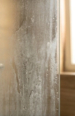 Paroi de douche blanchie par le calcaire