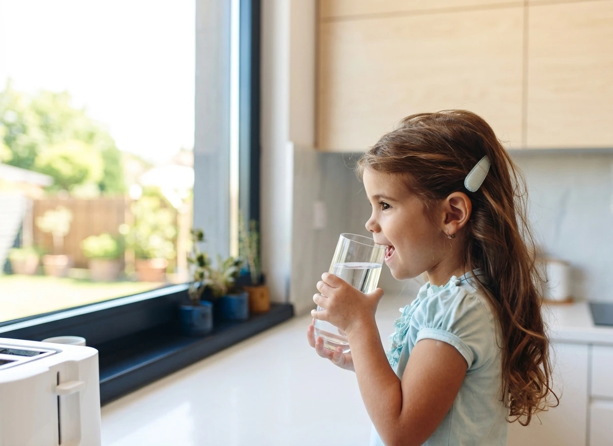 Enfant qui boit de l'eau pure au robinet de cuisine de la maison