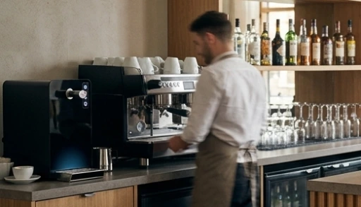 Employé de bar d'un hôtel qui sert un café à côté d'une fontaine à eau volumétrique