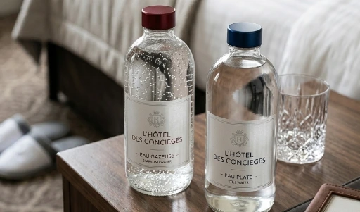 Bouteille d'eau personnalisée à l'image de l'hôtel dans une chambre