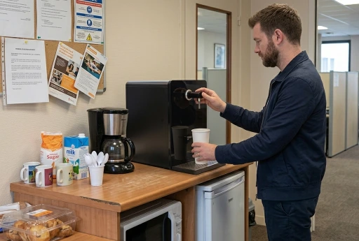 Salarié qui se sert une eau filtrée et fraiche en instantané